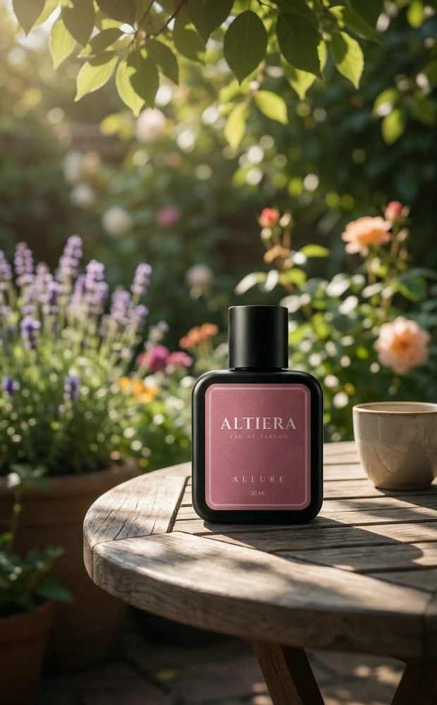 Botol parfum ALTIERA di atas meja kayu dengan latar taman