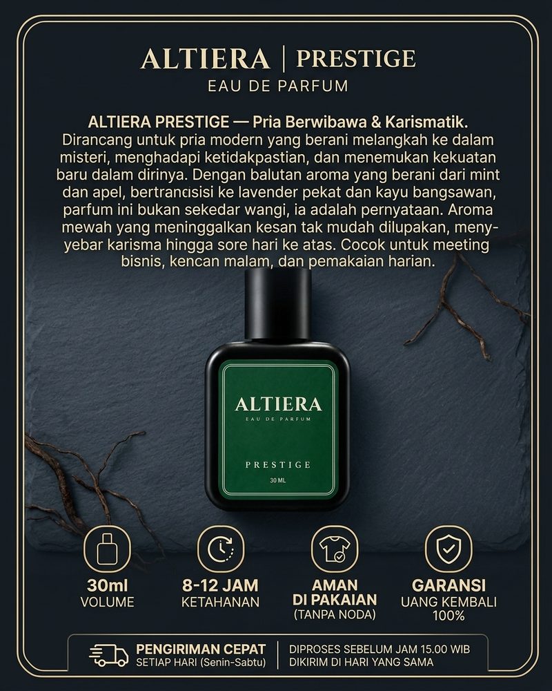 Poster ALTIERA PRESTIGE dengan deskripsi aroma dan keunggulan